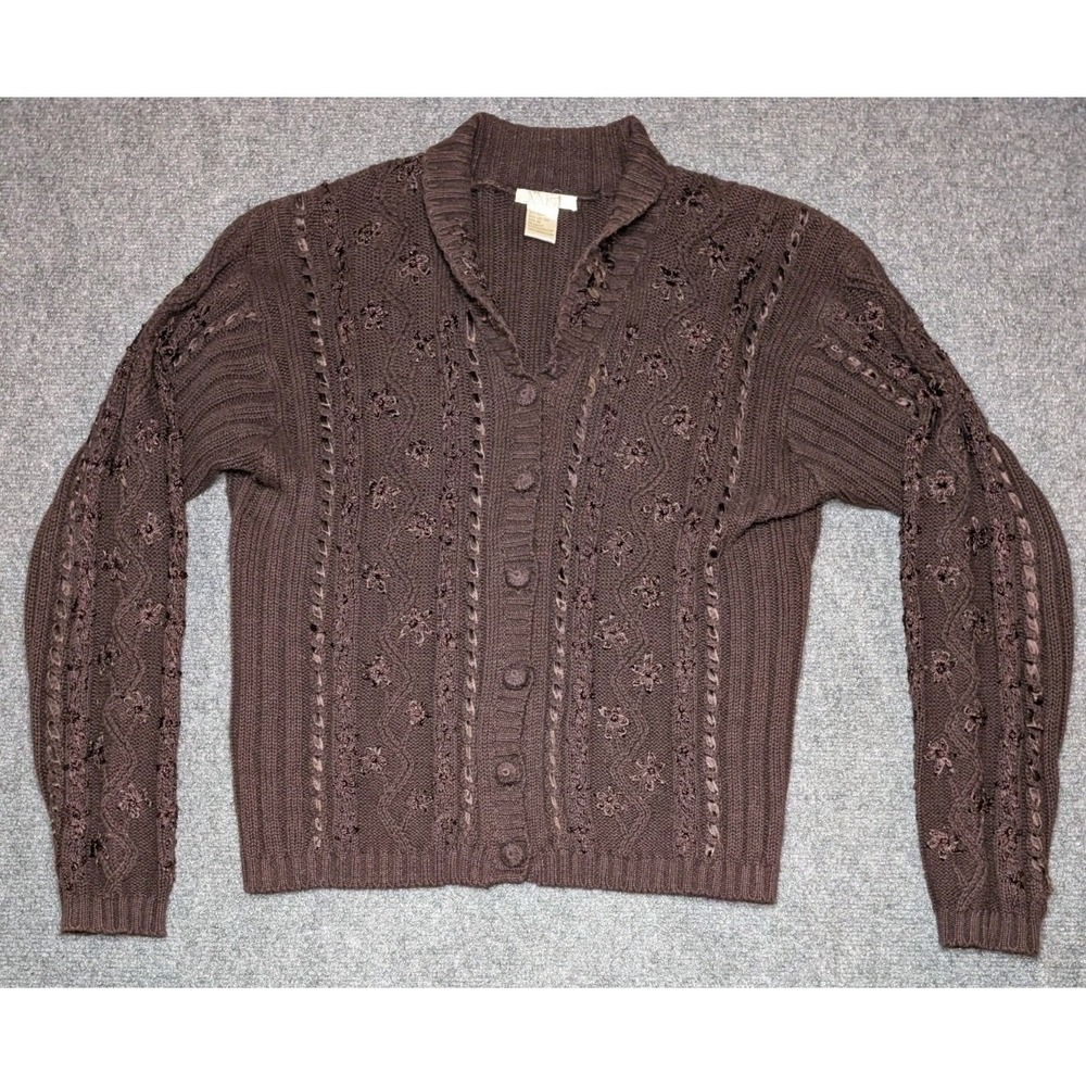 XXist Women's Medium Cable Knit Brown Button Up Sweater Floral Ribbon Yarn Y2k